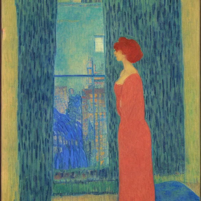 Image similar to portrait of woman in night gown, blue cat and aloe house plant with brutalist city at night seen from a window frame with curtains. agnes pelton, giorges de la tour, bonnard, henri de toulouse - lautrec, utamaro, matisse, monet