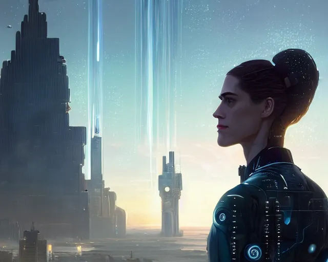 Image similar to highly detailed portrait of allison williams as an android, in detroit : become human, stephen bliss, unreal engine, fantasy art by greg rutkowski, loish, rhads, ferdinand knab, makoto shinkai and lois van baarle, ilya kuvshinov, rossdraws, tom bagshaw, global illumination, radiant light, detailed and intricate environment