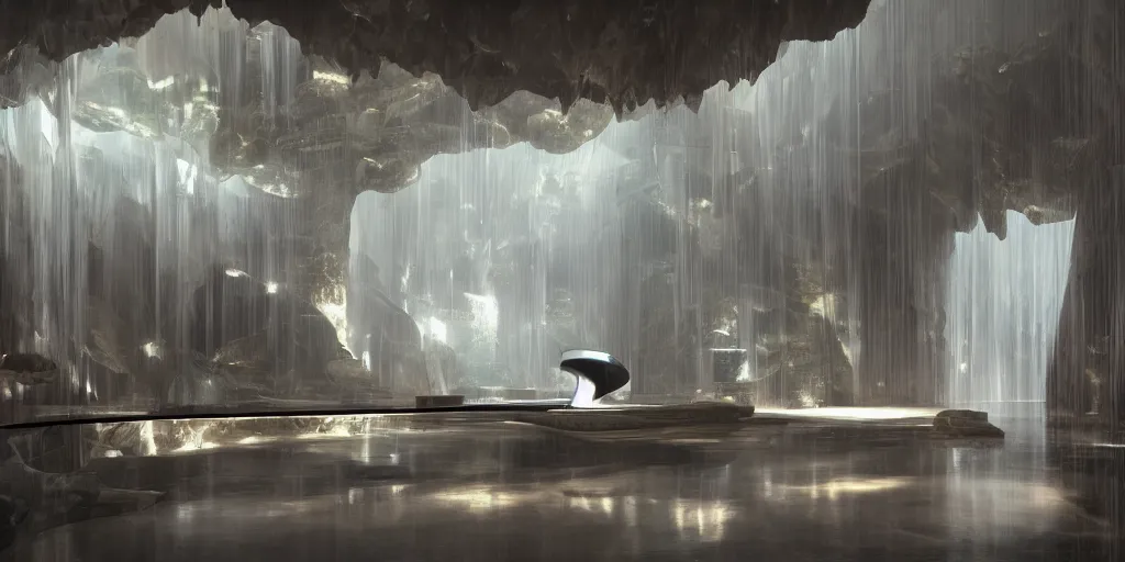 Image similar to a futuristic apartment interior in the style of a waterfall cave, grand piano, Greek marble statue, high ceiling, dark moody lighting, foggy atmosphere, 10mm lens, by Craig Mullins and frank lloyd wright and, octane rendering