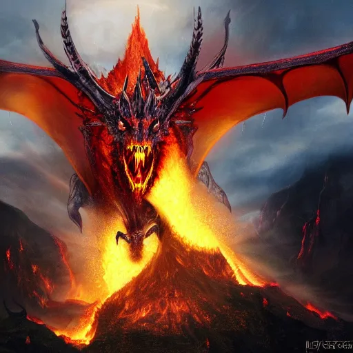 Image similar to fantasy hell dragon from lord of the rings with flames coming from its eyes