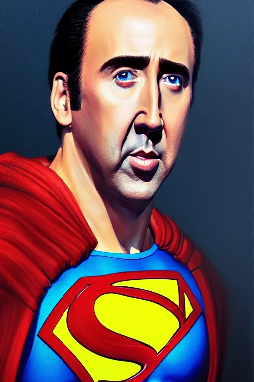 Prompt: portrait of nicolas cage as superman looking away from the camera, intricate, hyperrealistic, extremely detailed oil painting by simon stalenhag and greg rutkowski, artstation