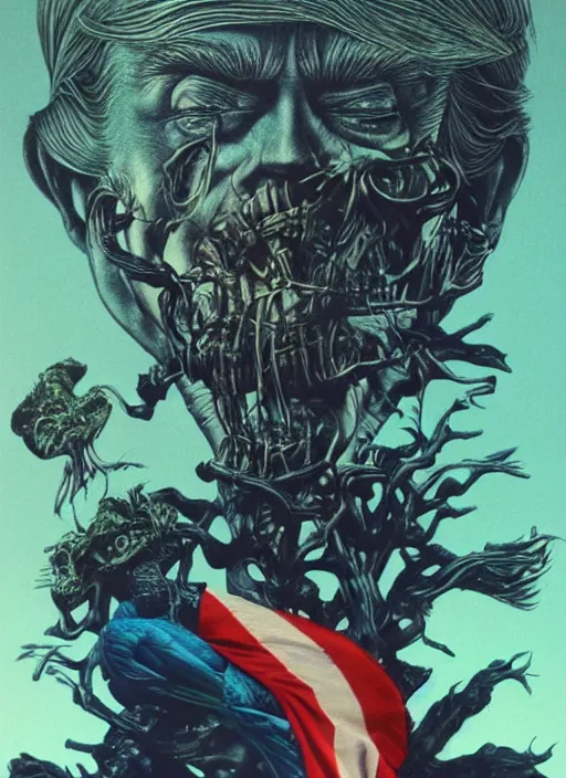 Prompt: donald trump's true disgustuing nature, horror, high details, intricate details, by vincent di fate, artgerm julie bell beeple, 1 9 8 0 s, inking, vintage 8 0 s print, screen print