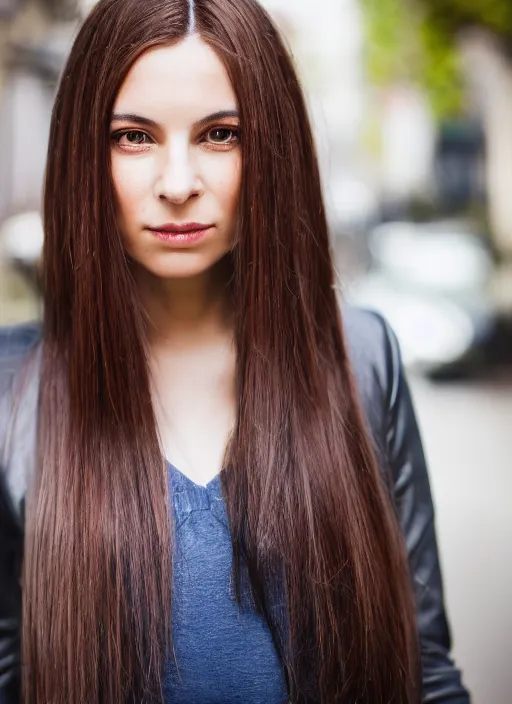 Image similar to color Close-up portrait of a beautiful, stylish, 30-year-old French woman street background, with long, straight hair, street portrait in the style of annie leibovitz award winning, Sony a7R