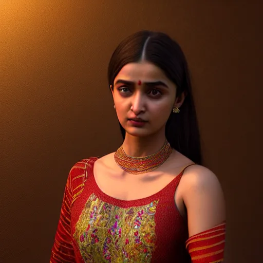 Prompt: daz3d genesis 8 female Alia Bhatt wearing mekhela bihu dress, Iray shaders, studio HDRI soft lighting, natural skin textures ultra hd 8k, ray traced, unreal engine, cinematic realistic portrait, face, beauty expressive pose, bare shoulders, fantasy, intricate, elegant, highly detailed, digital painting, artstation, concept art, smooth, sharp focus, illustration, art by artgerm and greg rutkowski and alphonse mucha