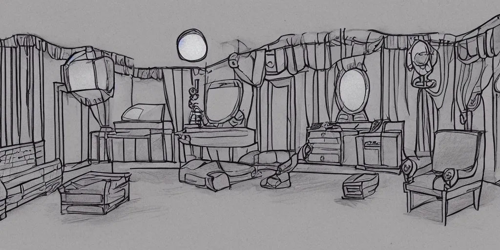 Image similar to a dimly lit, theater dressing room, with a mirror, a chair, a couch, day of the tentacle style, drawn by Peter Chan, 5 point perspective