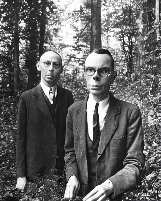 Prompt: close - up of edgar cayce and aldous huxley in a forest, epic hyper detailed award winning color portrait photography