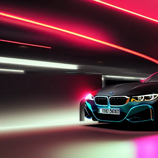 Prompt: product shot of a black BMW, black background, neon lights, octane render, motion blur, bokeh