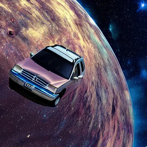 Image similar to a 2 0 0 3 mercury mountaineer flying through space, amazing detail, photorealistic, space photography,