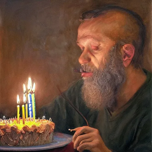 Image similar to intricate five star portrait of fish man blowing the candle at his birthday, oil on canvas, hdr, high detail, photo realistic, hyperrealism, matte finish, high contrast, 3 d depth, centered, masterpiece, grainy, muted colors, enhanced light effect, enhanced eye detail, artstationhd