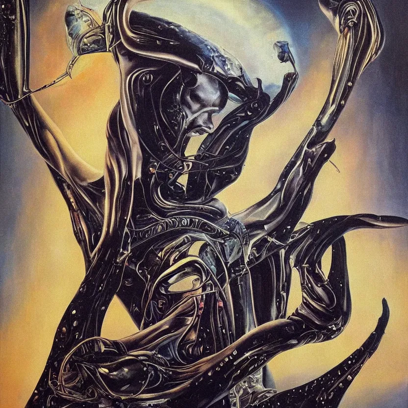 Prompt: futuristic alien reaching through a framed painting, pulp sci - fi art for omni magazine. high contrast. baroque period, oil on canvas. renaissance masterpiece