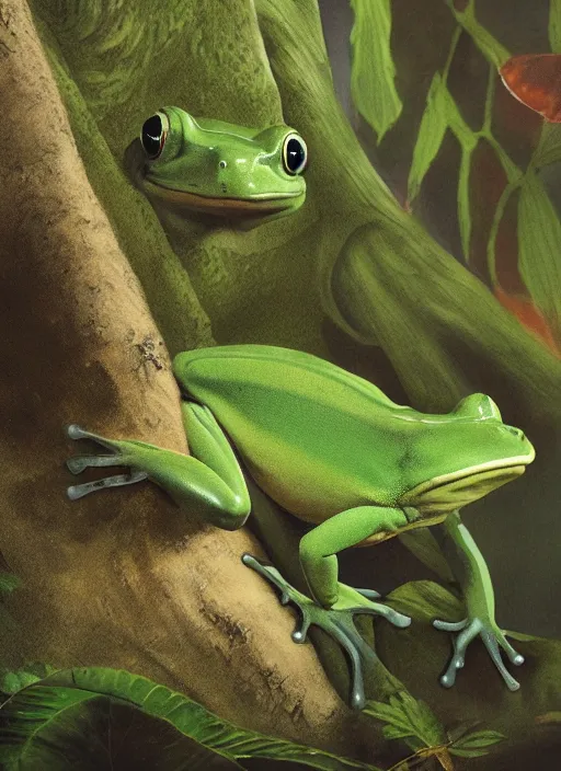 Prompt: a beautiful matte painting of a green frog in the jungle, kambo