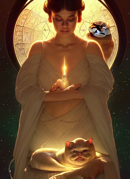 Prompt: jabba the hutt but it's a cat, star wars, beautiful glowing lights, sci - fi, stunning, intricate, elegant. highly detailed, digital painting. artstation. smooth. sharp focus. illustration. art by artgerm and greg rutkowski and alphonse mucha