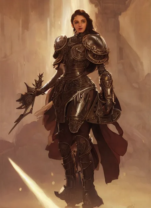 Prompt: medium - length portrait of a female paladin wreathed in holy light with short curly hair and brown eyes, dark brown skin, happy expression, wears a combination of plate armor and boiled leather, medieval setting, highly detailed, digital painting, artstation, concept art, sharp focus, illustration, art by greg rutkowski and alphonse mucha