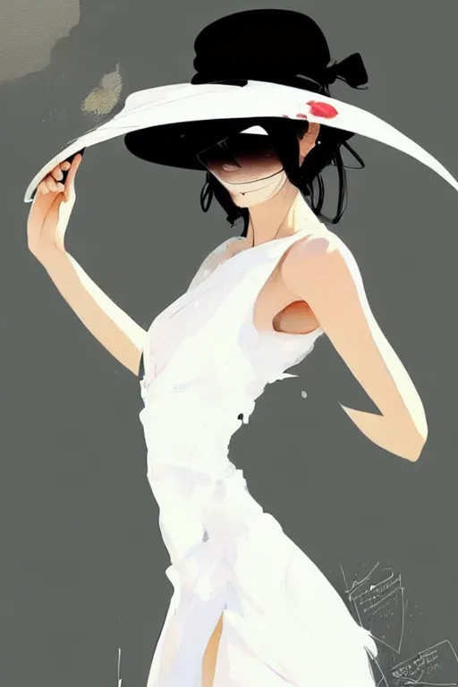 Image similar to a ultradetailed beautiful painting of a stylish woman wearing a white dress with a sun hat, by conrad roset, greg rutkowski and makoto shinkai trending on artstation