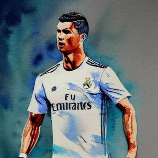 Image similar to highly detailed watercolor painting of Cristiano Ronaldo, trending on artstation,