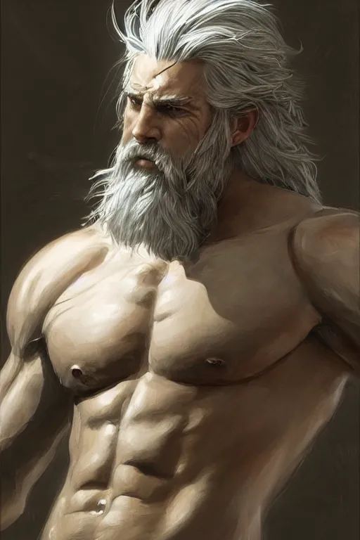 Image similar to painted portrait of rugged sephirot, god of thunder, greek god, white hair, masculine, mature, handsome, upper body, muscular, hairy torso, fantasy, intricate, elegant, highly detailed, digital painting, artstation, concept art, smooth, sharp focus, illustration, art by gaston bussiere and craig mullins