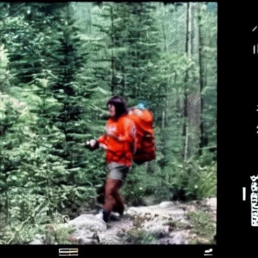 Prompt: a screen capture of found footage video left behind by a missing hiker in 1986