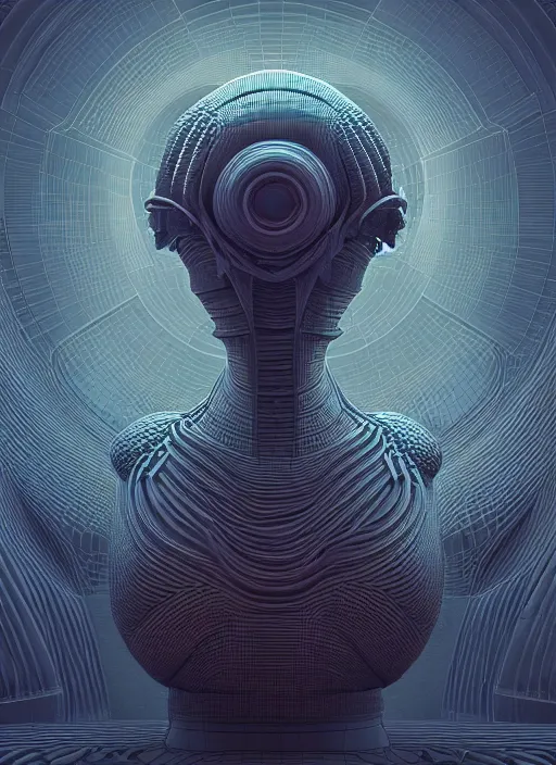 Prompt: a highly detailed landscape of recursive speakers forming a 3 d head. 🔊 head. amplitude and frequency wave visualisation. xenomorphic. ornate, hyperrealistic, octane render, chiaroscuro, inspired by greg rutkowski, android jones, beeple, shaun tan, frostbite 3 rendered