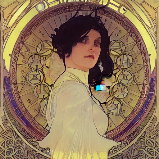 Image similar to seductive science fiction byzantine noble, by alphonse mucha and greg rutkowski