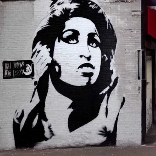 Image similar to Street-art portrait of amy winehouse in style of Banksy, photorealism