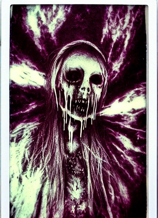 Prompt: gothic soul - spirit with galaxy dead eyes, random decor of necro blast, psycho colors veins, realistic flavor, twisted sorrow fade soft, polaroid 1 0 0