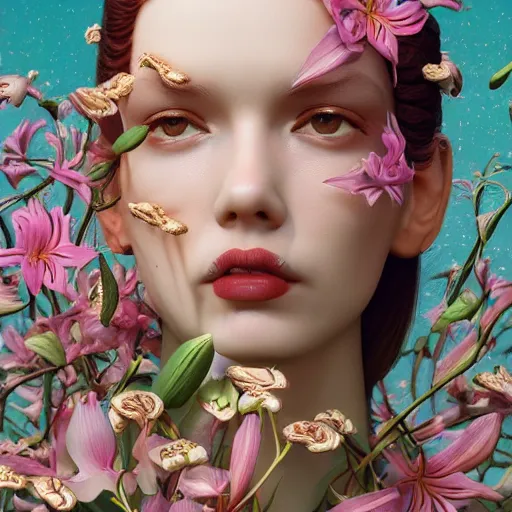 Image similar to pretty model with lilies : : by martine johanna and simon stalenhag and chie yoshii and casey weldon and wlop : : ornate, dynamic, particulate, rich colors, intricate, elegant, highly detailed, vogue, harper's bazaar art, fashion magazine, smooth, sharp focus, 8 k, octane render