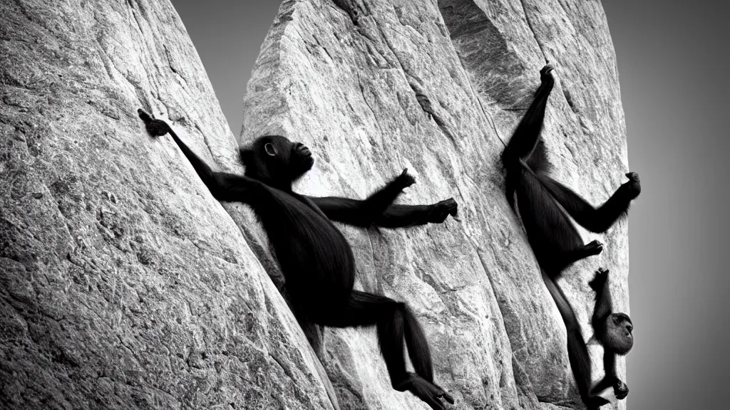 Prompt: monochrome inspiring... is that a chimpanzee or a climb? i really can't tell.