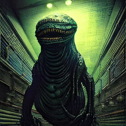 Image similar to menacing aggressive black slimy creature made out of needles, inside a gas station, aggressive harsh bright fluorescent industrial blue lighting, extremely detailed digital matte painting buy Greg Rutkowski and H.R. Giger