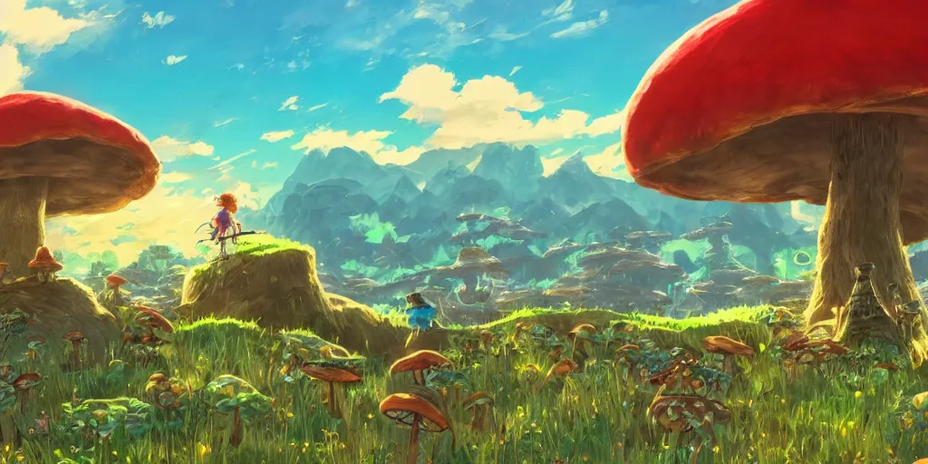 Prompt: epic mushrooms, vivid tones, wide angle, by miyazaki, nausicaa, studio ghibli, breath of the wild