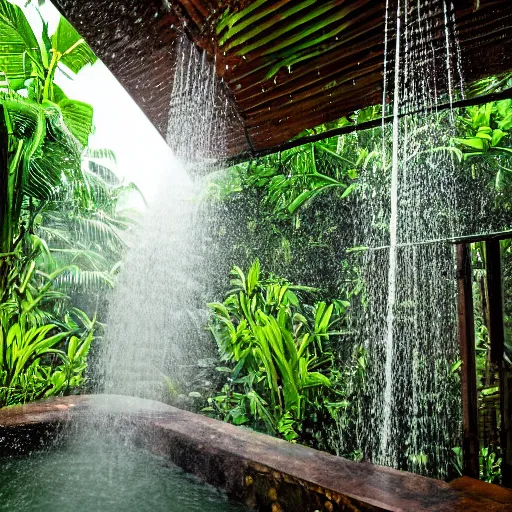 Prompt: 4 k hdr full body wide angle sony portrait of two ronald reagans showering in a tropical bali jungle shower with moody stormy overcast lighting