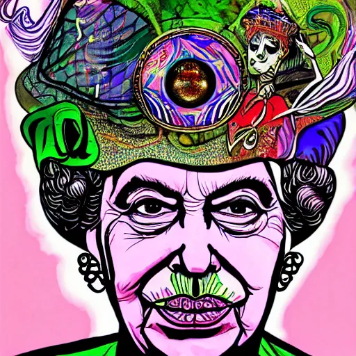 Image similar to an extremely psychedelic portrait of queen elizabeth as the riddler, surreal, lsd, face, detailed, intricate, elegant, lithe, highly detailed, digital oth, sharp focus, illustration,