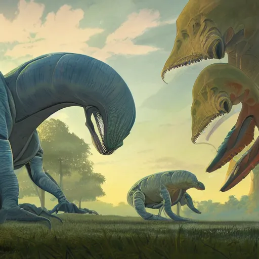 Image similar to concept art painting of alien dinosaurs, detailed, cel shaded, in the style of makoto shinkai and moebius and james gurney