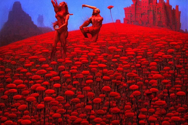 Image similar to only with red, red flowers of different types, a castle in the background, red orcs and trolls dance over the flowers, in the style of beksinski, part by hopper, part by rodcenko, part by hofbauer, intricate composition, red by caravaggio, insanely quality, highly detailed, masterpiece, red light, artstation