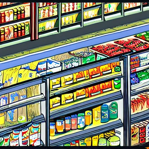 Image similar to anime highly detailed grocery isle in the style of laurie greasley