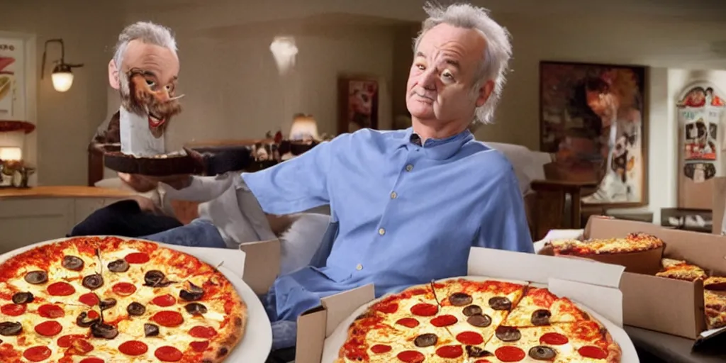 Prompt: bill murray is happy to see so much pizza, cinematic composition and lighting