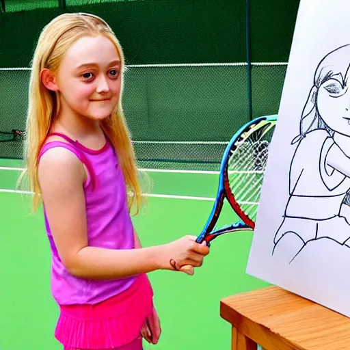 Prompt: children drawing of Dakota Fanning playing tennis