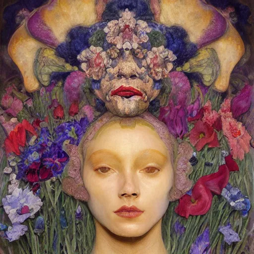 Prompt: masterpiece painting of a facemask made of flowers, by annie swynnerton and jean delville and tino rodriguez and diego rivera, photorealistic, flower mask, symbolist, dramatic lighting, god rays, elaborate geometric ornament, clean crisp graphics, soft cool colors, smooth sharp focus, extremely detailed