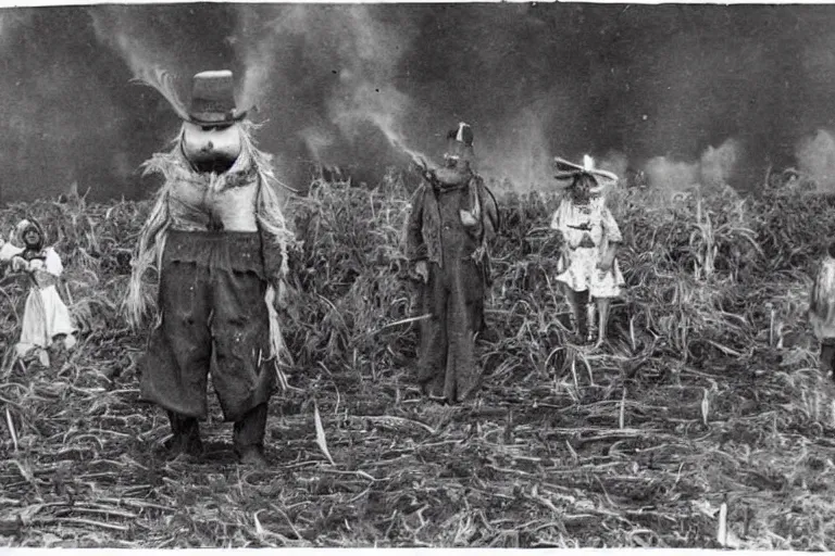 Image similar to disturbing scarecrow from the early 1 9 0 0's burning down the cornfields with a group of children