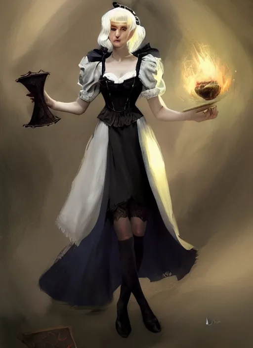 Prompt: dnd character concept art by craig mullins and tom bagshaw of full body!! illustration of a beautiful platinum blonde victorian maid. beautiful slender face, playful updo, big blue eyes, fine pointy chin, slender nose, high cheek bones, soft lips. maid in a black dress with white apron. lace, embroidery, leather, studs.