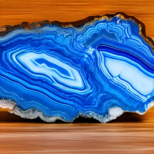 Prompt: studio stock photograph of a slab of blue agate on a table, polished, upright, studio lighting, sharp focus, hd, 8 k