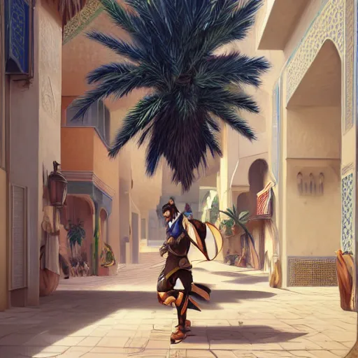 Prompt: hanzo from overwatch travels in marrakech streets, morocco, palm trees, mosque, highly detailed, digital painting, artstation, concept art, smooth, sharp focus, illustration, art by artgerm and greg rutkowski and alphonse mucha