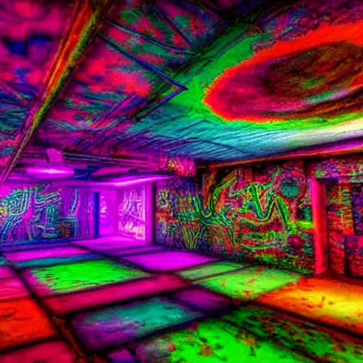 Image similar to psychadelic RGB basement, perfect for smoking dmt, photograph 4k