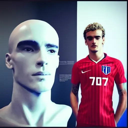 Image similar to “ a realistic detailed photo of a guy who is an attractive humanoid who is half robot and half humanoid, who is a male android, soccer player antoine griezmann, shiny skin, posing like a statue, blank stare, at the museum, on display ”