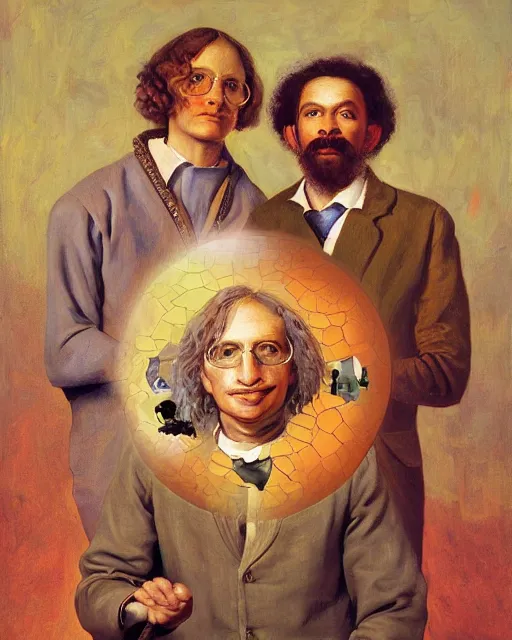 Image similar to painterly family portrait, isaac newton and stephen hawking and albert einstein, impasto, fantasy, chuck close:7, carl spitzweg:7, cinematic light, full face, symmetrical face