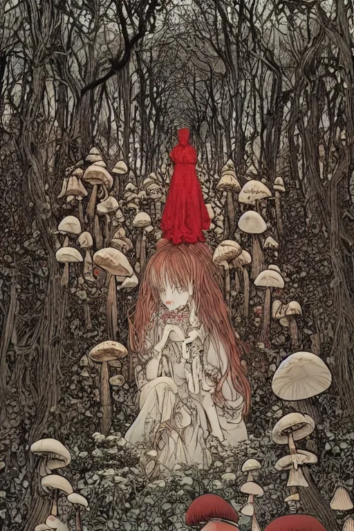 Image similar to mushroomfolk in a in a dress consisting of mushrooms. masterpiece 4k digital design by Takato Yamamoto, award winning, Artstation, Takato Yamamoto aesthetic, Neo-Gothic, gothic, forest on background, intricate details, realistic, hyperdetailed, 8k resolution