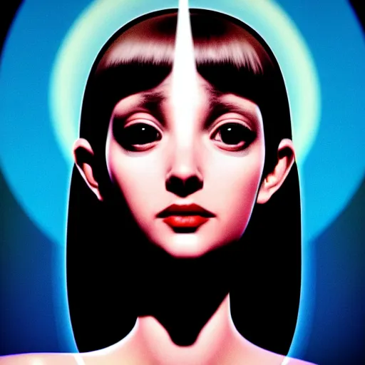 Image similar to tv actress with warm eyes, slim features, hallucinating happily. box office hit, satire and seventies italian horror movie, unreal engine, intricate, ultra detailed 8 k, ambient reflective occlusion, extremely beautiful and aesthetic shape of face and neck, art by hiroaki samura and ilya kuvshinov and rossdraws and andy warhol, inverted