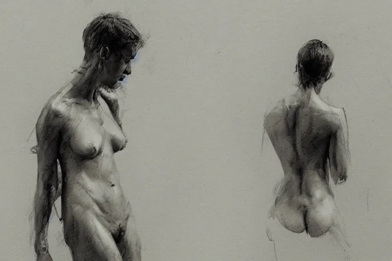 Prompt: sketch on paper of a model posing, anatomy study by jeremy mann and greg rutkowski