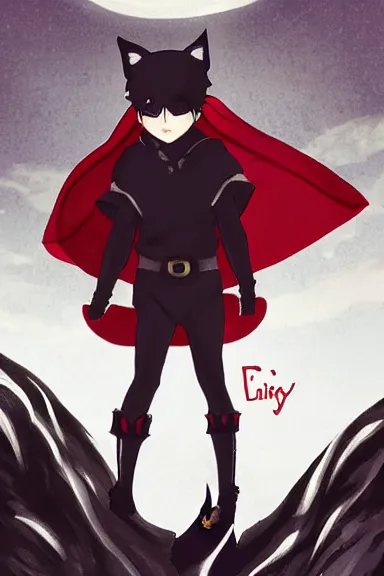 Image similar to little boy with cat ears in an black outfit with red cape. digital artwork made by lois van baarle and kentaro miura, sharpness focus, inspired by hirohiko araki, anatomically correct, heroic composition, hero pose, smooth, night city, hd