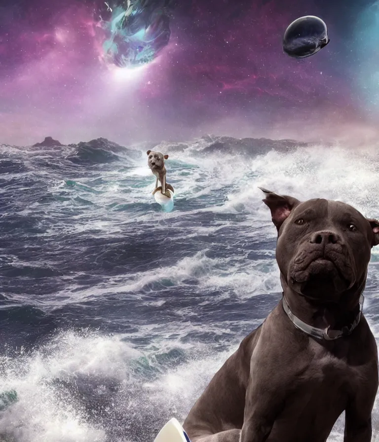 Image similar to photo of a dark gray coat pit bull with a white paws!, surfing on a surfboard in a crashing wave of alien ocean in space, background is an alien galaxy, aliens in the background, alien colors, octane render, unreal engine, wide view, 8 k, highly detailed