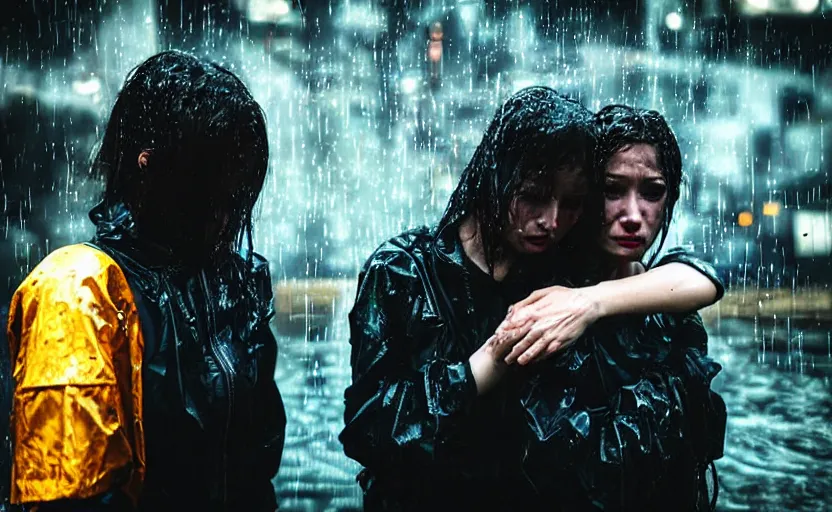 Image similar to cinestill 5 0 d candid photographic portrait by steve mccurry of two loving female androids sobbing wearing rugged black mesh techwear in treacherous waters, flooded city, medium closeup, retrofuturism cyberpunk moody emotional cinematic, pouring iridescent rain bright spotlight helicopter, 8 k, hd, high resolution, 3 5 mm, f / 3 2, ultra realistic faces, ex machina